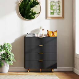 HOMCOM Bedroom Chest of Drawers with 4 Drawers, Fluted Dresser with Gold Tone Handles, Storage Cabinet for Bedroom, Living Room, Hallway, Entryway, Black - thumbnail 7