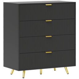 HOMCOM Bedroom Chest of Drawers with 4 Drawers, Fluted Dresser with Gold Tone Handles, Storage Cabinet for Bedroom, Living Room, Hallway, Entryway, Black