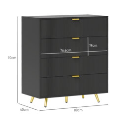 HOMCOM Bedroom Chest of Drawers with 4 Drawers, Fluted Dresser with Gold Tone Handles, Storage Cabinet for Bedroom, Living Room, Hallway, Entryway, Black - thumbnail 3