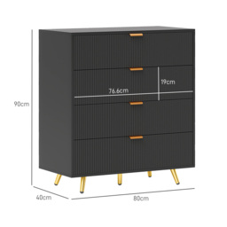 HOMCOM Bedroom Chest of Drawers with 4 Drawers, Fluted Dresser with Gold Tone Handles, Storage Cabinet for Bedroom, Living Room, Hallway, Entryway, Black - thumbnail 3