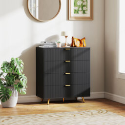 HOMCOM Bedroom Chest of Drawers with 4 Drawers, Fluted Dresser with Gold Tone Handles, Storage Cabinet for Bedroom, Living Room, Hallway, Entryway, Black - thumbnail 2