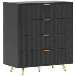 HOMCOM Bedroom Chest of Drawers with 4 Drawers, Fluted Dresser with Gold Tone Handles, Storage Cabinet for Bedroom, Living Room, Hallway, Entryway, Black