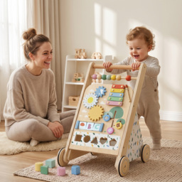 AIYAPLAY Wooden Baby Walker, Toddler Push Along Walker with Speed Control, Activity Centre and 5 Blocks for 18 Months+, Natural - thumbnail 2