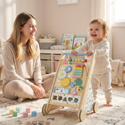 AIYAPLAY Wooden Baby Walker, Toddler Push Along Walker with Speed Control, Activity Centre and 5 Blocks for 18 Months+, Natural - thumbnail 2