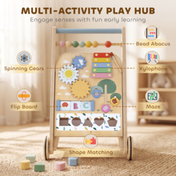 AIYAPLAY Wooden Baby Walker, Toddler Push Along Walker with Speed Control, Activity Centre and 5 Blocks for 18 Months+, Natural - thumbnail 5