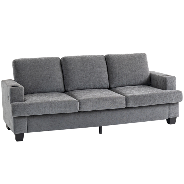 HOMCOM 3 Seater Sofa with USB Ports & Cup Holders - Grey - image 1