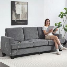 HOMCOM 3 Seater Sofa with USB Ports & Cup Holders - Grey - thumbnail 2