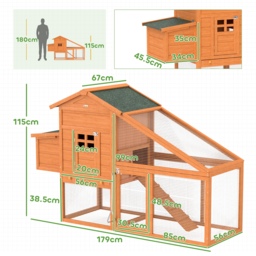 PawHut Wooden Chicken Coop with Run, Nesting Box, Slide-out Tray, Ramp, Perches, Asphalt Roof, 179 x 67 x 115cm - Aosom UK - thumbnail 3
