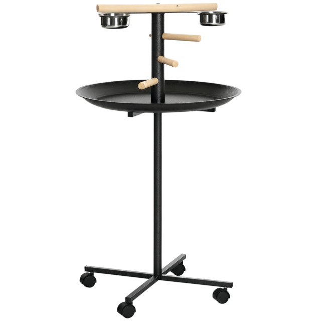 PawHut Metal Bird Table Play Stand, Bird Feeder Station Parrot Perch with Four Wheels Feeding Bowls Round Tray - Aosom UK - image 1