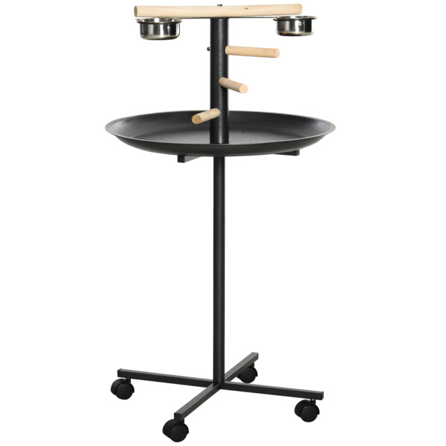 PawHut Metal Bird Table Play Stand, Bird Feeder Station Parrot Perch with Four Wheels Feeding Bowls Round Tray - Aosom UK - image 1