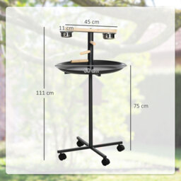 PawHut Metal Bird Table Play Stand, Bird Feeder Station Parrot Perch with Four Wheels Feeding Bowls Round Tray - Aosom UK - thumbnail 3
