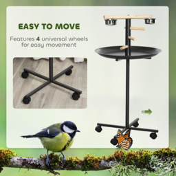PawHut Metal Bird Table Play Stand, Bird Feeder Station Parrot Perch with Four Wheels Feeding Bowls Round Tray - Aosom UK - thumbnail 6