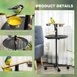 PawHut Metal Bird Table Play Stand, Bird Feeder Station Parrot Perch with Four Wheels Feeding Bowls Round Tray - Aosom UK - thumbnail 5