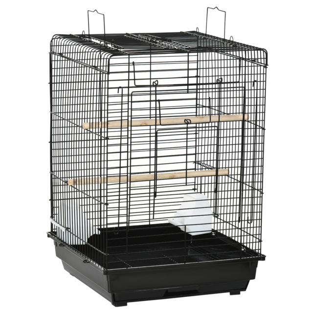 PawHut Durable Bird Cage with Opening Top, Wheeled Stand, Removable Tray, Feeding Bowls, for Small Birds, Black - Aosom UK - image 1