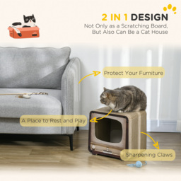 PawHut 2 in 1 TV Shape Cat Scratching Board House with Catnip, for Indoor Cats, Brown - Aosom UK - thumbnail 6
