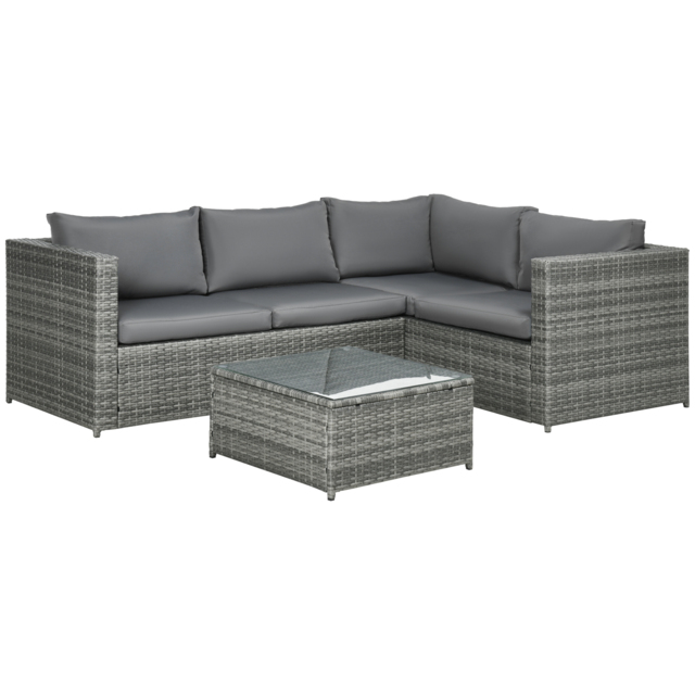 Outsunny 3 Pieces Rattan Garden Furniture 4 Seater Outdoor Patio Corner Sofa Chair Set with Coffee Table Thick Cushions Grey - image 1