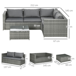 Outsunny 3 Pieces Rattan Garden Furniture 4 Seater Outdoor Patio Corner Sofa Chair Set with Coffee Table Thick Cushions Grey - thumbnail 3