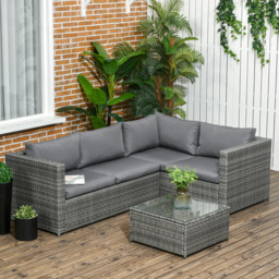 Outsunny 3 Pieces Rattan Garden Furniture 4 Seater Outdoor Patio Corner Sofa Chair Set with Coffee Table Thick Cushions Grey - thumbnail 2
