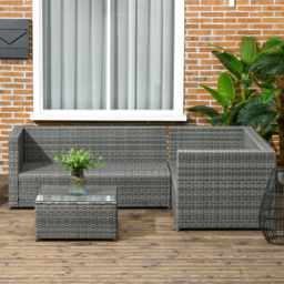 Outsunny 3 Pieces Rattan Garden Furniture 4 Seater Outdoor Patio Corner Sofa Chair Set with Coffee Table Thick Cushions Grey - thumbnail 7