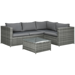 Outsunny 3 Pieces Rattan Garden Furniture 4 Seater Outdoor Patio Corner Sofa Chair Set with Coffee Table Thick Cushions Grey - thumbnail 1