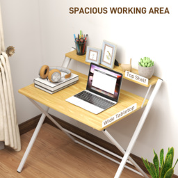 HOMCOM Compact Folding Desk for Small Spaces, Foldable Computer Desk with Storage Shelf, Ideal for Home Office, Maple Wood-effect - Aosom UK - thumbnail 5