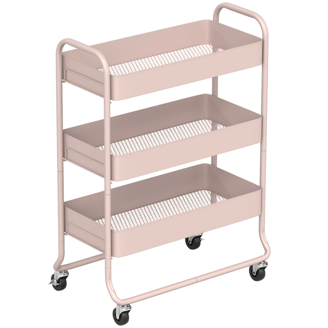HOMCOM 3-Tier Storage Trolley on Wheels, Rolling Utility Cart with Mesh Backets for Kitchen, Bathroom, Bedroom, Light Pink - image 1