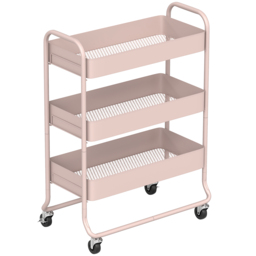 HOMCOM 3-Tier Storage Trolley on Wheels, Rolling Utility Cart with Mesh Backets for Kitchen, Bathroom, Bedroom, Light Pink