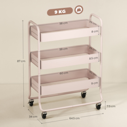 HOMCOM 3-Tier Storage Trolley on Wheels, Rolling Utility Cart with Mesh Backets for Kitchen, Bathroom, Bedroom, Light Pink - thumbnail 3