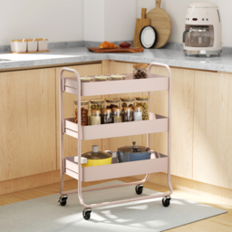 HOMCOM 3-Tier Storage Trolley on Wheels, Rolling Utility Cart with Mesh Backets for Kitchen, Bathroom, Bedroom, Light Pink - thumbnail 2
