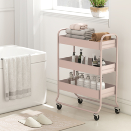 HOMCOM 3-Tier Storage Trolley on Wheels, Rolling Utility Cart with Mesh Backets for Kitchen, Bathroom, Bedroom, Light Pink - thumbnail 9