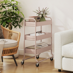 HOMCOM 3-Tier Storage Trolley on Wheels, Rolling Utility Cart with Mesh Backets for Kitchen, Bathroom, Bedroom, Light Pink - thumbnail 8