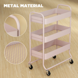 HOMCOM 3-Tier Storage Trolley on Wheels, Rolling Utility Cart with Mesh Backets for Kitchen, Bathroom, Bedroom, Light Pink - thumbnail 6