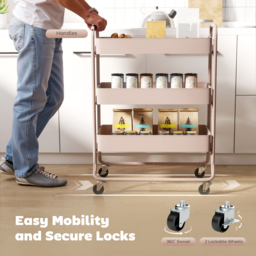 HOMCOM 3-Tier Storage Trolley on Wheels, Rolling Utility Cart with Mesh Backets for Kitchen, Bathroom, Bedroom, Light Pink - thumbnail 5