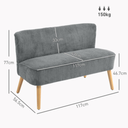 HOMCOM Modern Corduroy Double Seat Sofa w/ Wood Frame Foam Padding High Back Soft Comfortable Compact Couch Grey - thumbnail 3