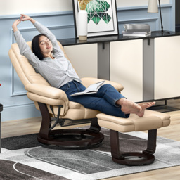 HOMCOM Reclining Lounge Chair with Footstool, Faux Leather Padded Armchair with Adjustable Backrest, Comfortable Relaxation Chair for Living Room, Beige - Aosom UK - thumbnail 2