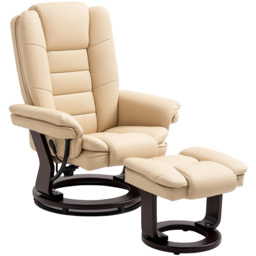 HOMCOM Reclining Lounge Chair with Footstool, Faux Leather Padded Armchair with Adjustable Backrest, Comfortable Relaxation Chair for Living Room, Beige - Aosom UK
