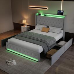 4ft6 Upholstered Double Bed with 4 Storage Drawers, Velvet Headboard, LED Light Strips, Suitable for Bedroom, 206L x 143W x 115H cm, Grey - Aosom.UK - thumbnail 6