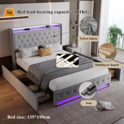 4ft6 Upholstered Double Bed with 4 Storage Drawers, Velvet Headboard, LED Light Strips, Suitable for Bedroom, 206L x 143W x 115H cm, Grey - Aosom.UK - thumbnail 4