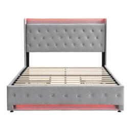 4ft6 Upholstered Double Bed with 4 Storage Drawers, Velvet Headboard, LED Light Strips, Suitable for Bedroom, 206L x 143W x 115H cm, Grey - Aosom.UK - thumbnail 2