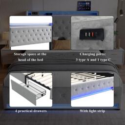 4ft6 Upholstered Double Bed with 4 Storage Drawers, Velvet Headboard, LED Light Strips, Suitable for Bedroom, 206L x 143W x 115H cm, Grey - Aosom.UK - thumbnail 5