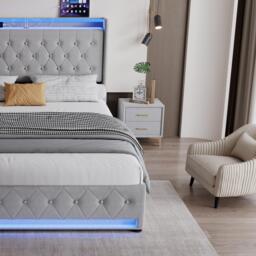 4ft6 Upholstered Double Bed with 4 Storage Drawers, Velvet Headboard, LED Light Strips, Suitable for Bedroom, 206L x 143W x 115H cm, Grey - Aosom.UK - thumbnail 9