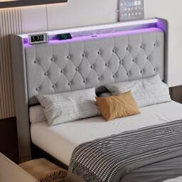 4ft6 Upholstered Double Bed with 4 Storage Drawers, Velvet Headboard, LED Light Strips, Suitable for Bedroom, 206L x 143W x 115H cm, Grey - Aosom.UK - thumbnail 8