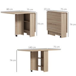 HOMCOM Folding Dining Table, Drop Leaf Table for Small Spaces with 2-tier Shelves, Small Kitchen Table with rolling Casters - thumbnail 3
