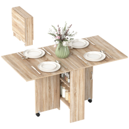 HOMCOM Folding Dining Table, Drop Leaf Table for Small Spaces with 2-tier Shelves, Small Kitchen Table with rolling Casters