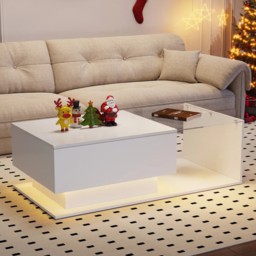 High-Gloss Coffee Table with Glass Top and LED Lights, Sofa Table with Practical Storage for Living Room, 105L x 55W x 32.5H cm, White - Aosom.UK - thumbnail 5