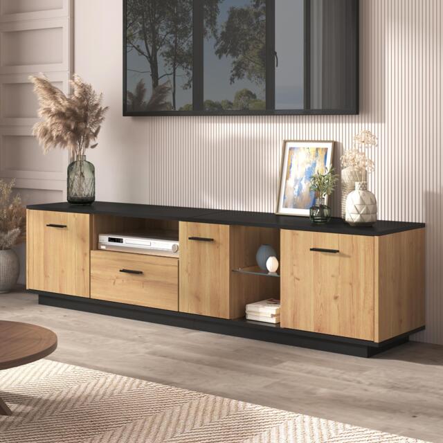 Modern TV Cabinet with 3 Doors, Drawer and 2 Open Glass Compartments, TV Stand with Solid Wooden Legs, 180L x 37W x 45H cm, Black+Wood - Aosom UK - image 1