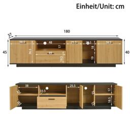 Modern TV Cabinet with 3 Doors, Drawer and 2 Open Glass Compartments, TV Stand with Solid Wooden Legs, 180L x 37W x 45H cm, Black+Wood - Aosom UK - thumbnail 3