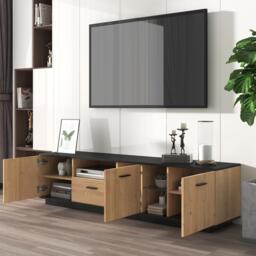 Modern TV Cabinet with 3 Doors, Drawer and 2 Open Glass Compartments, TV Stand with Solid Wooden Legs, 180L x 37W x 45H cm, Black+Wood - Aosom UK - thumbnail 9