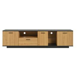 Modern TV Cabinet with 3 Doors, Drawer and 2 Open Glass Compartments, TV Stand with Solid Wooden Legs, 180L x 37W x 45H cm, Black+Wood - Aosom UK - thumbnail 2