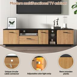Modern TV Cabinet with 3 Doors, Drawer and 2 Open Glass Compartments, TV Stand with Solid Wooden Legs, 180L x 37W x 45H cm, Black+Wood - Aosom UK - thumbnail 5